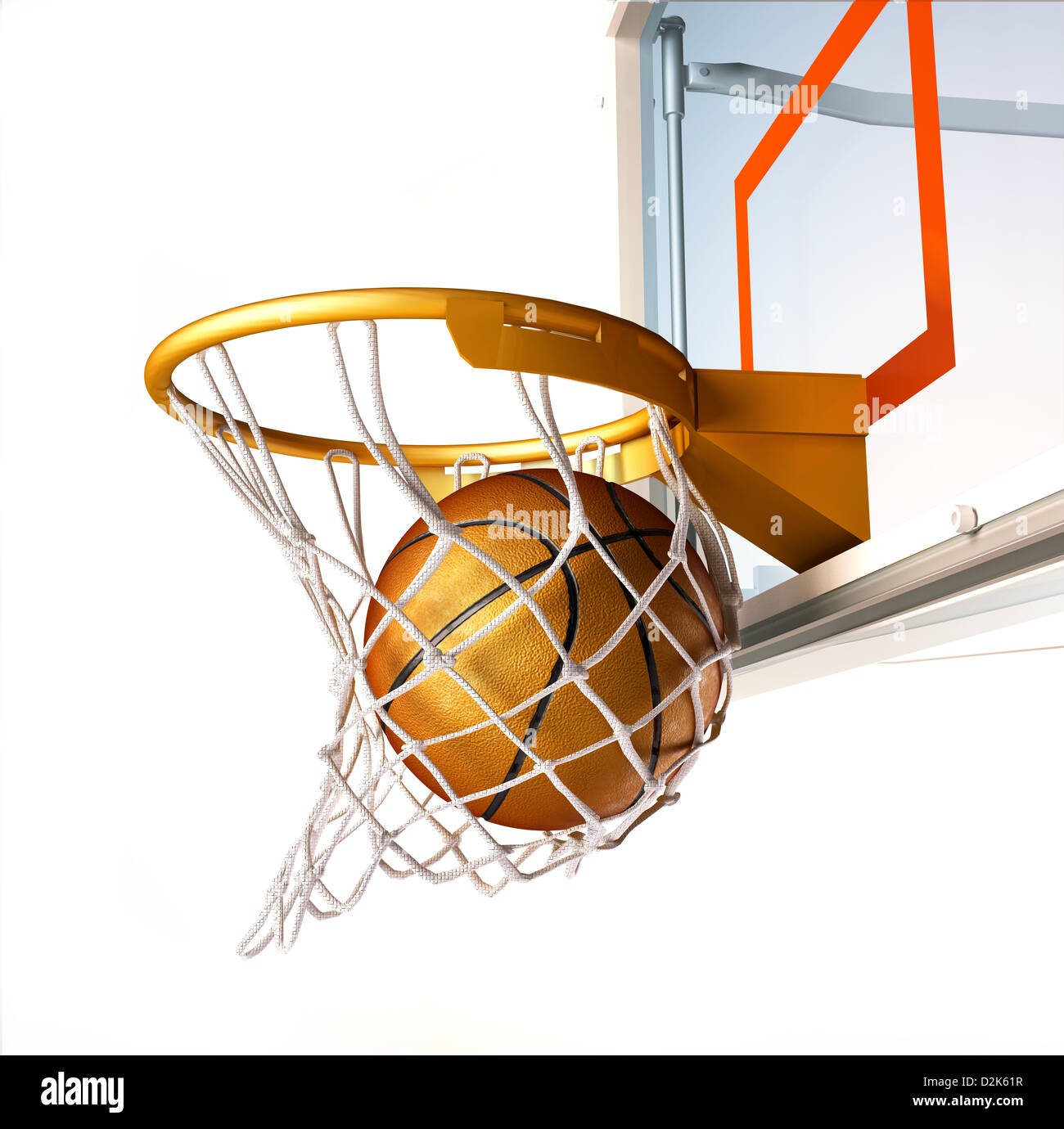 Centrar la canasta de baloncesto, con el balón dentro de la red, vista  cercana, sobre fondo blanco Fotografía de stock - Alamy