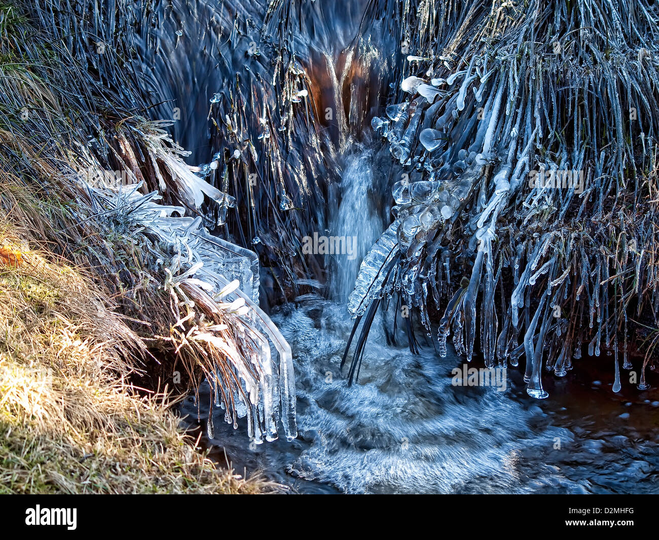 Arroyo congelado en páramos. Foto de stock