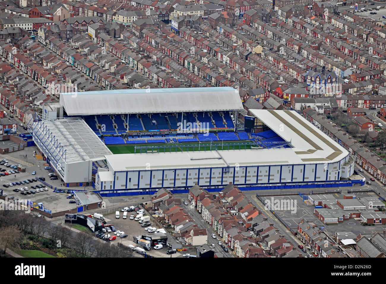 Fotografía aérea de Everton, terreno de fútbol Goodison Park Foto de stock
