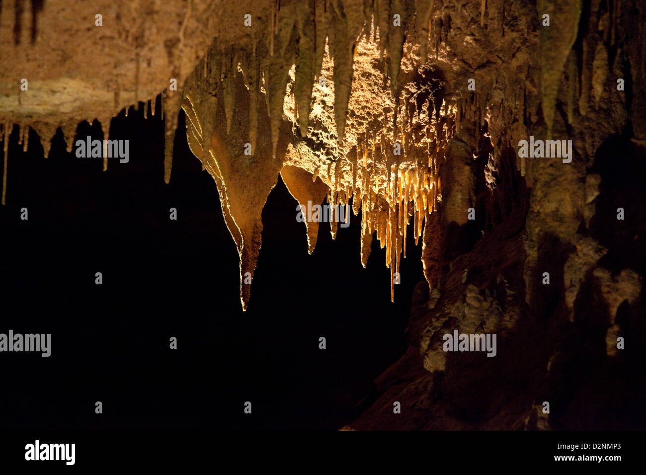 De cavernas subterráneas con estalactitas y estalagmitas, desapareciendo en la oscuridad. En virtud de las Grandes Montañas Humeantes (Great Smoky Mountains de Tennessee Foto de stock