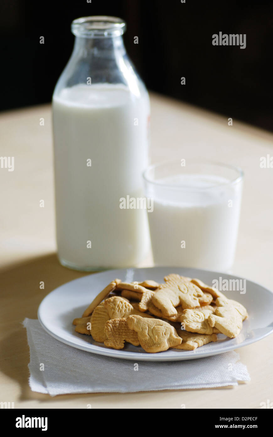 Galletas de animales colocados sobre una placa blanca con botella y vaso de leche de vaca Foto de stock