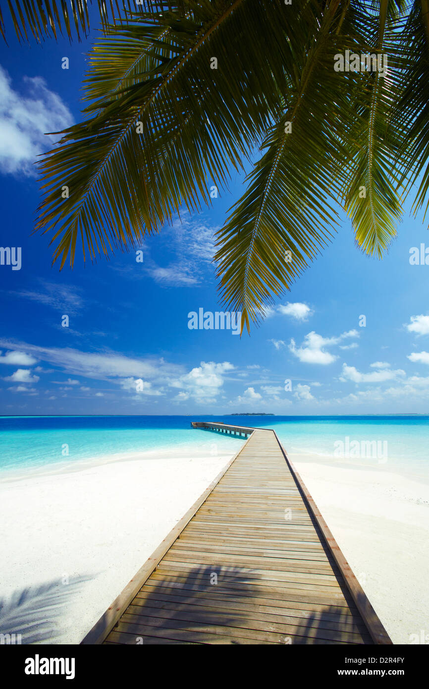 Muelle de madera hacia el mar tropical, Maldivas, Océano Índico, Asia Foto de stock