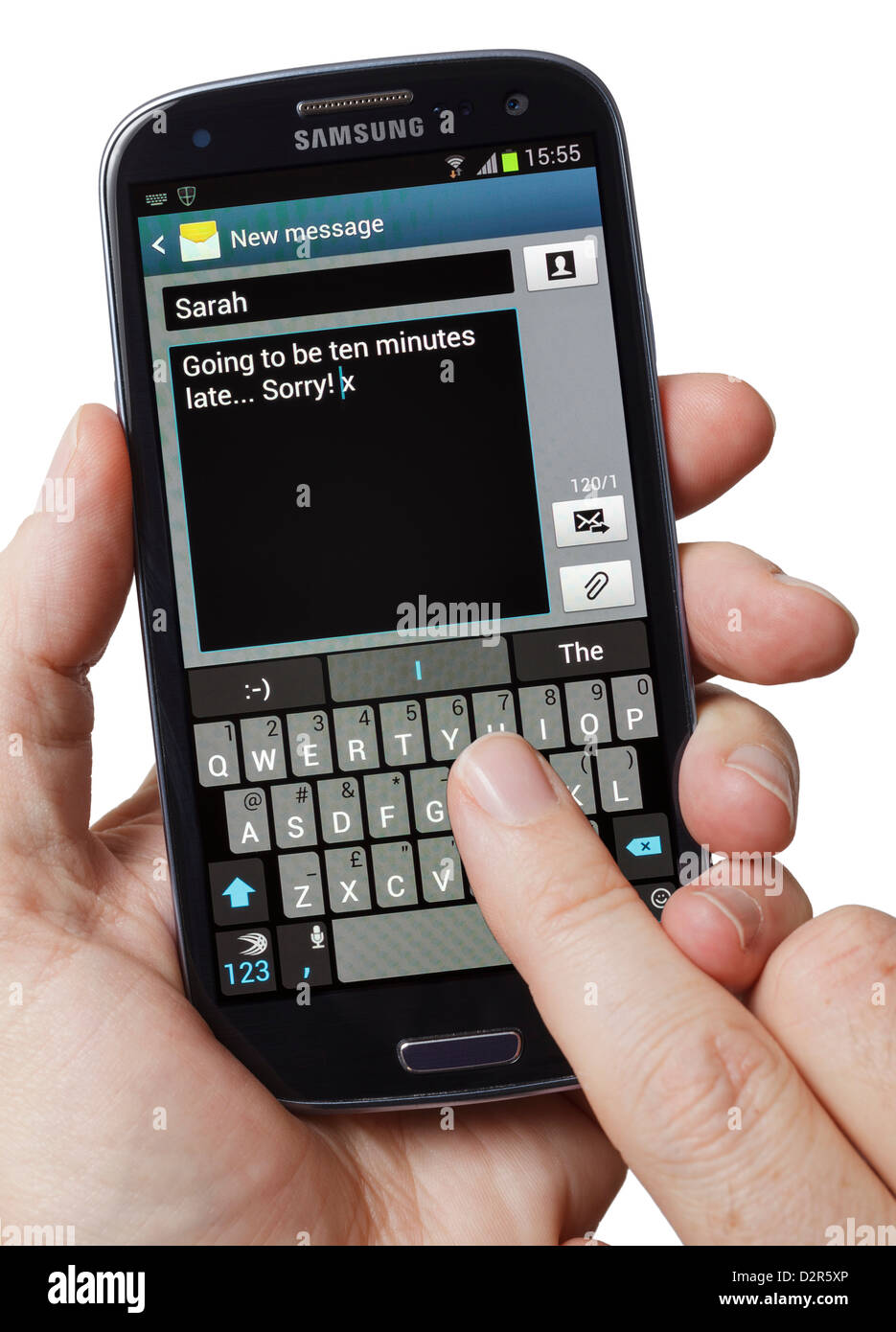 Enviar texto, mensajes de texto en un teléfono móvil teléfono inteligente smartphone Foto de stock