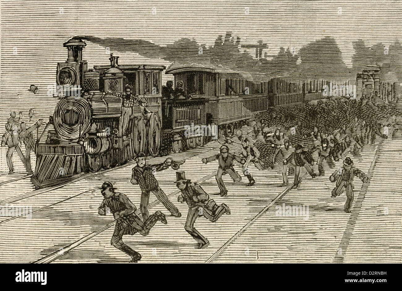 Grabado en 1890, Nellie Bly el tren llega en Filadelfia, Pensilvania. Foto de stock