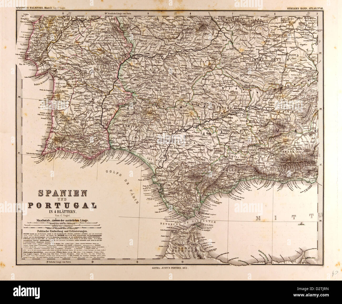 España Portugal Mapa Gotha Justus Perthes Foto de stock