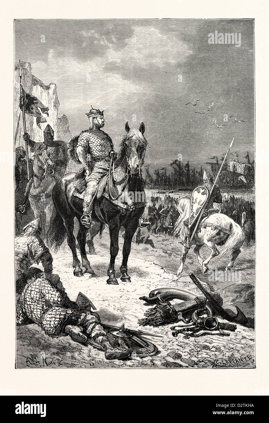 Guillermo de Normandía y sus seguidores la Tierra en Inglaterra. Foto de stock