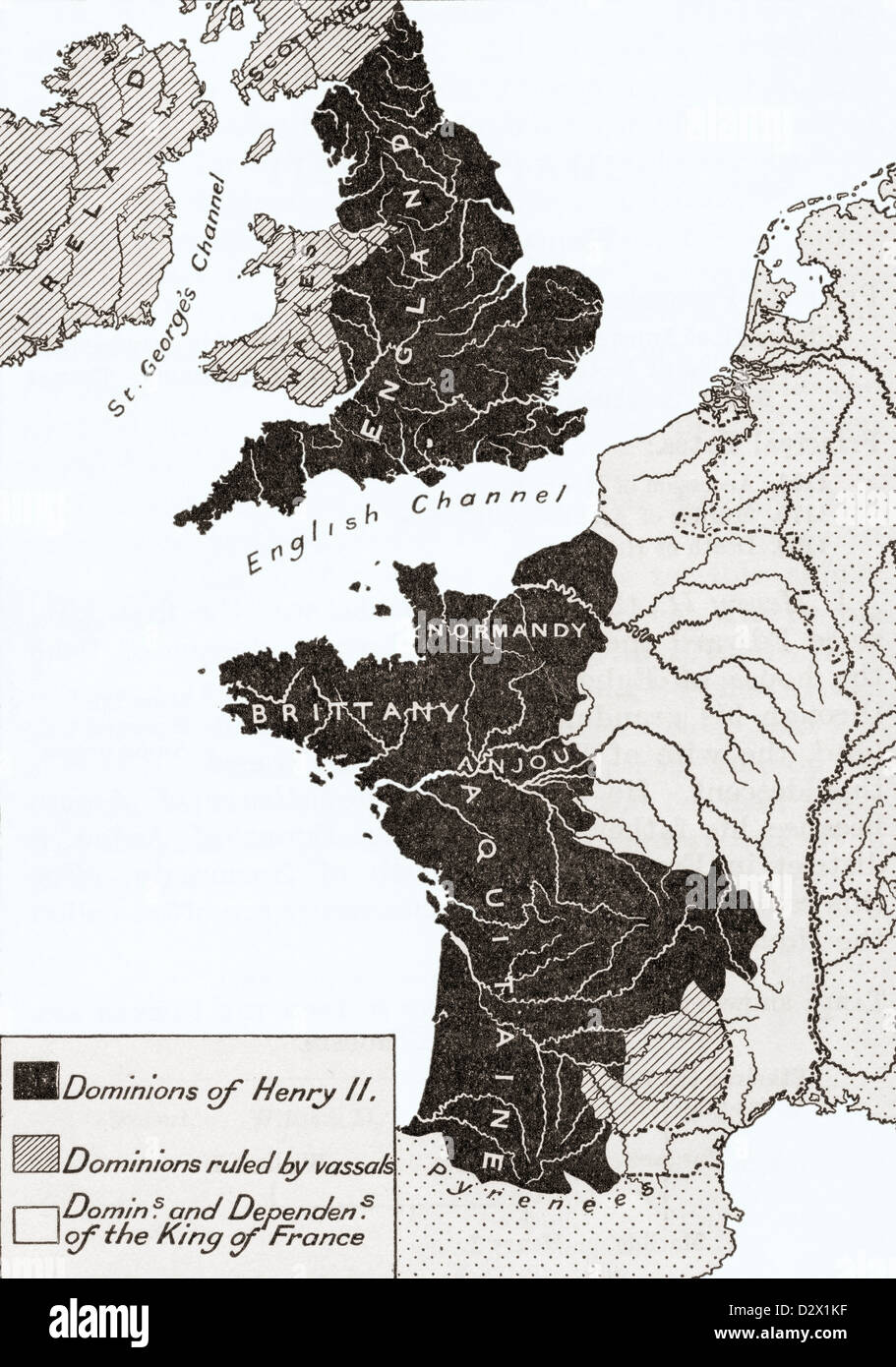 Un mapa mostrando el imperio del rey Enrique II de Inglaterra en el siglo XII. Foto de stock
