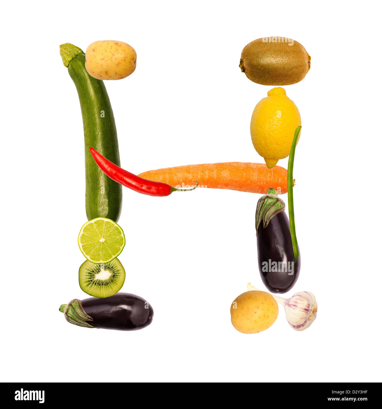 La letra h, edif con diversas frutas y verduras, fuente completa