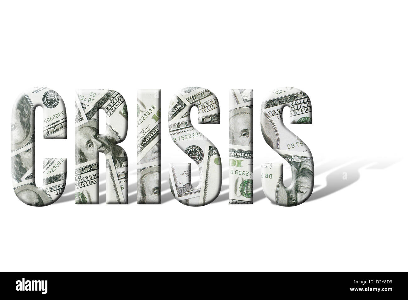 La palabra crisis con sobrepuesto cien dollar bill sobre fondo blanco Foto de stock