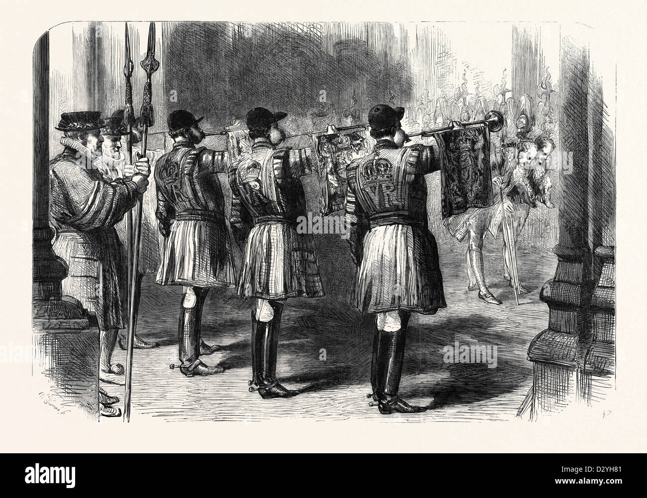 La apertura OP Parlamento trompetistas anunciando el enfoque de su majestad, febrero de 1861 Foto de stock