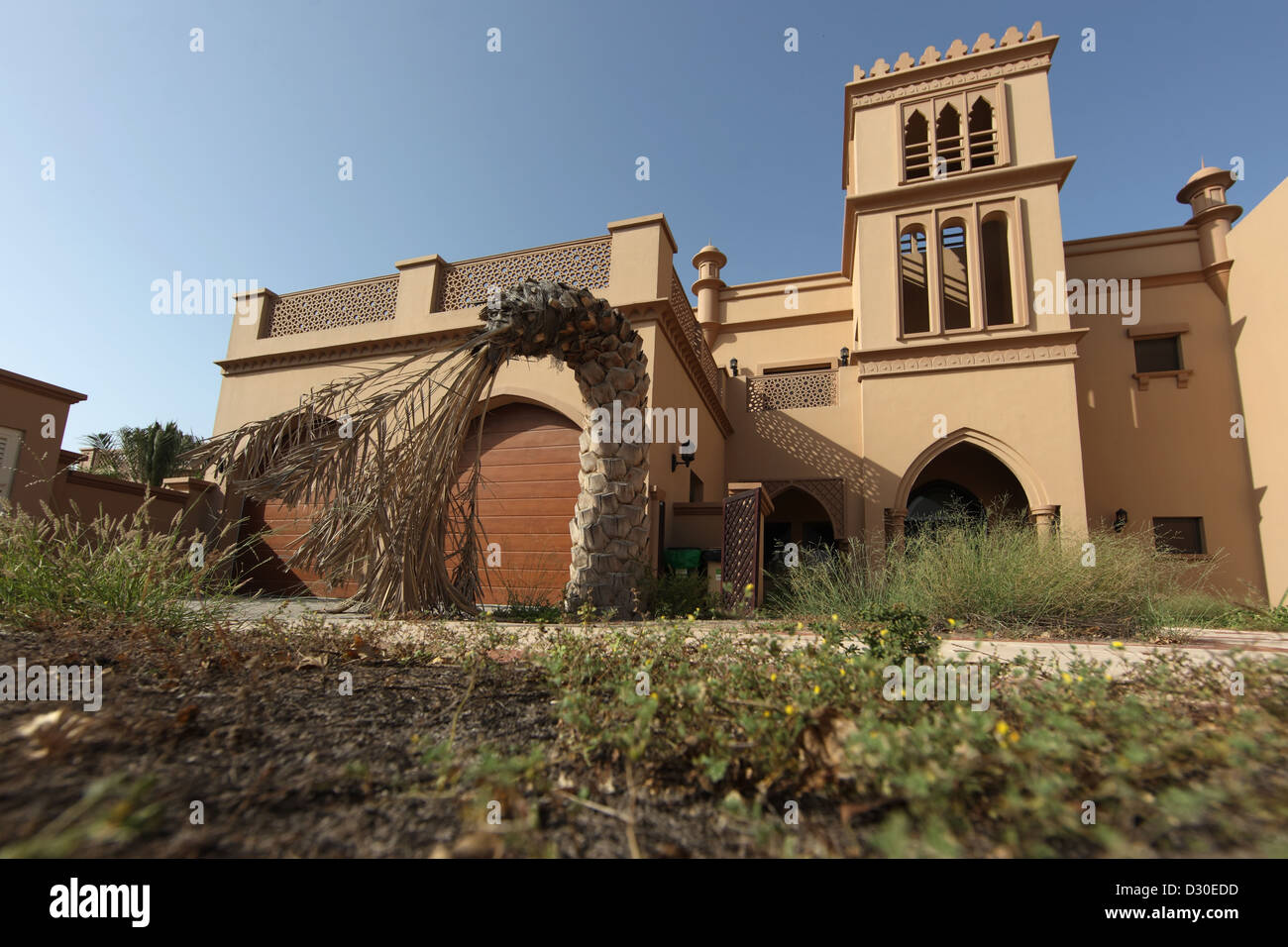 Dubai, Emiratos Árabes Unidos, secado palmera en frente de una casa abandonada Foto de stock
