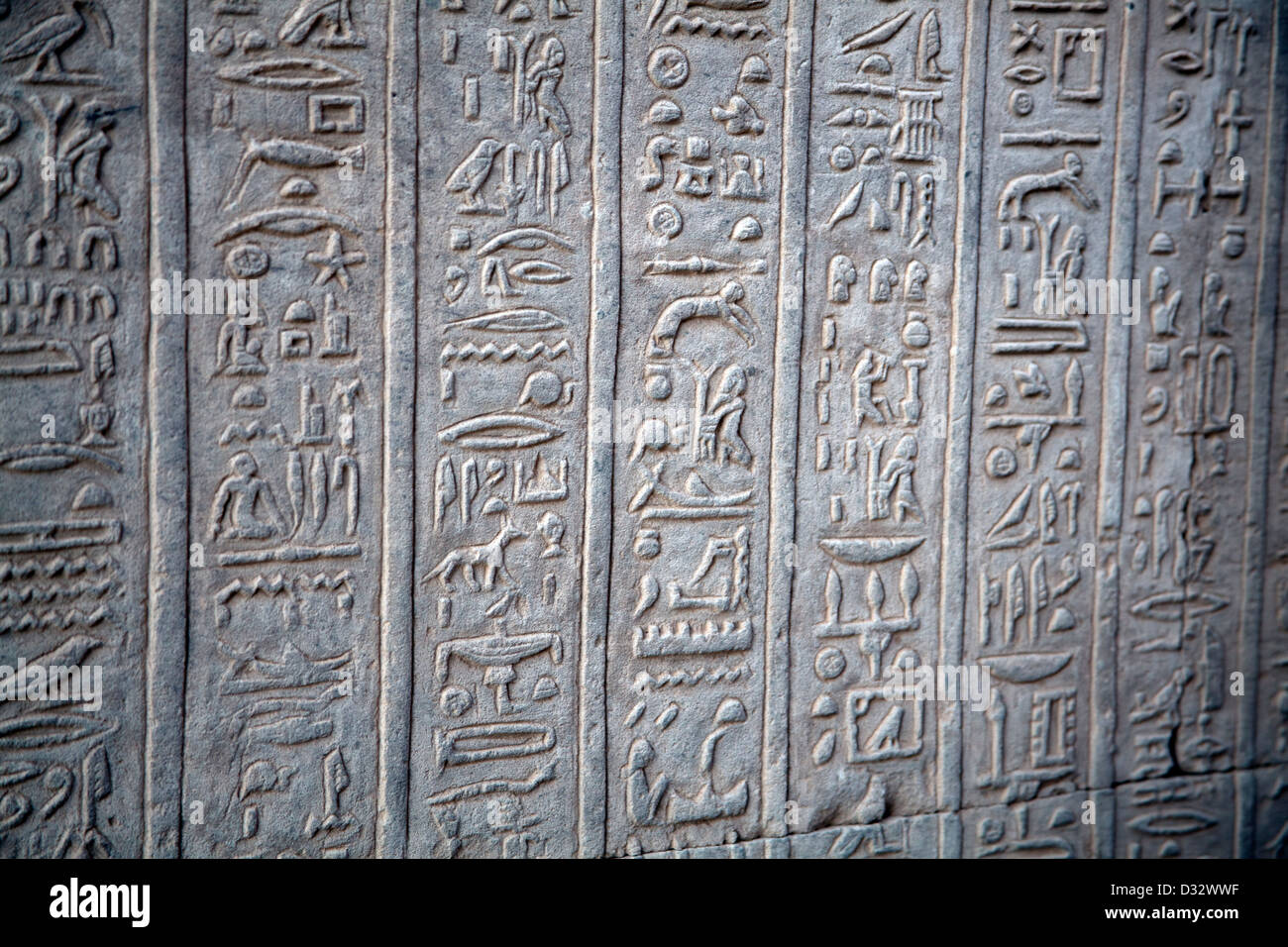 Los jeroglíficos en el templo de Kom Ombo por el río Nilo en Egipto Foto de stock