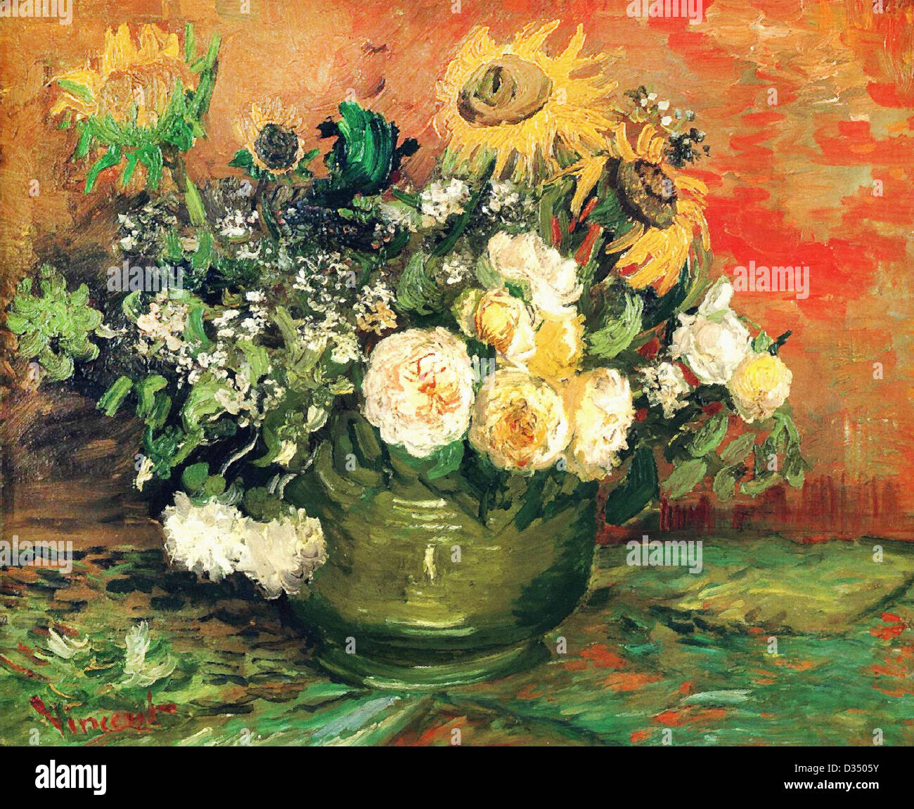 Vincent van Gogh, Bodegón con rosas y girasoles. 1886. Posimpresionismo. Óleo sobre lienzo. Stadtische Kunsthalle de Mannheim Foto de stock