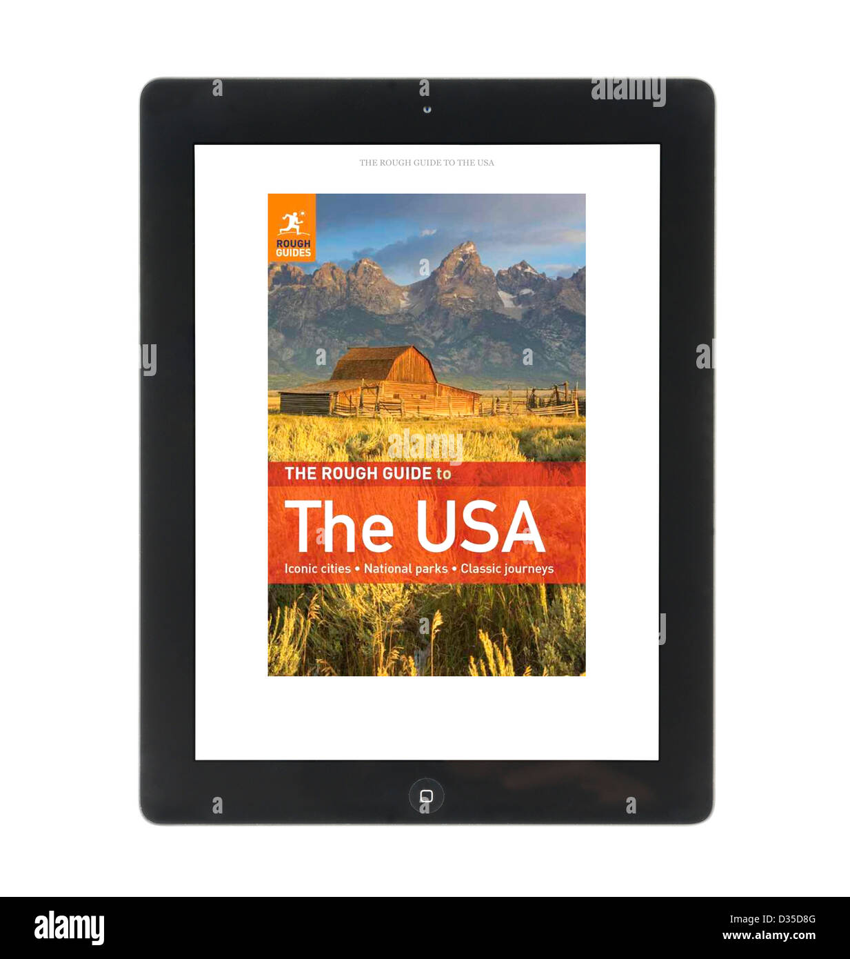 La lectura de un libro de viajes Rough Guide con el Kindle app en un Apple iPad 4 pantalla retina genration tablet pc Foto de stock