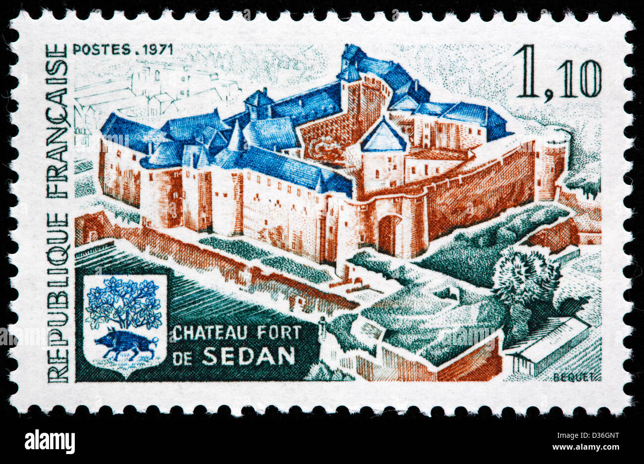 Chateau y Fort de sedán, sello, Francia, 1971 Foto de stock