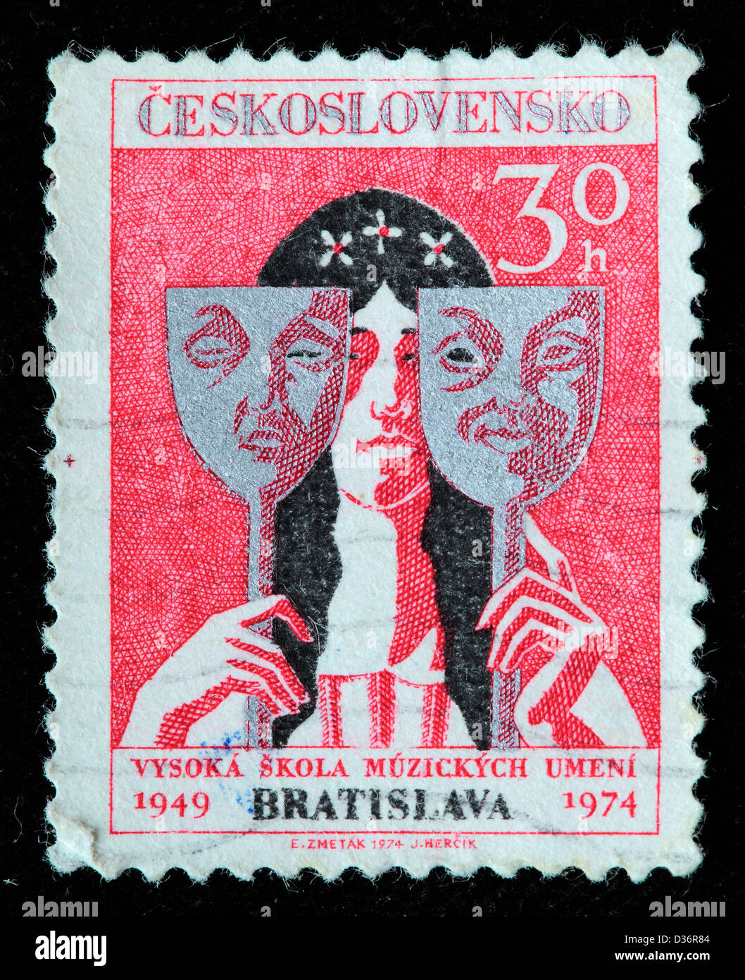 La actriz con máscaras de comedia y tragedia, sello, Checoslovaquia, 1974 Foto de stock