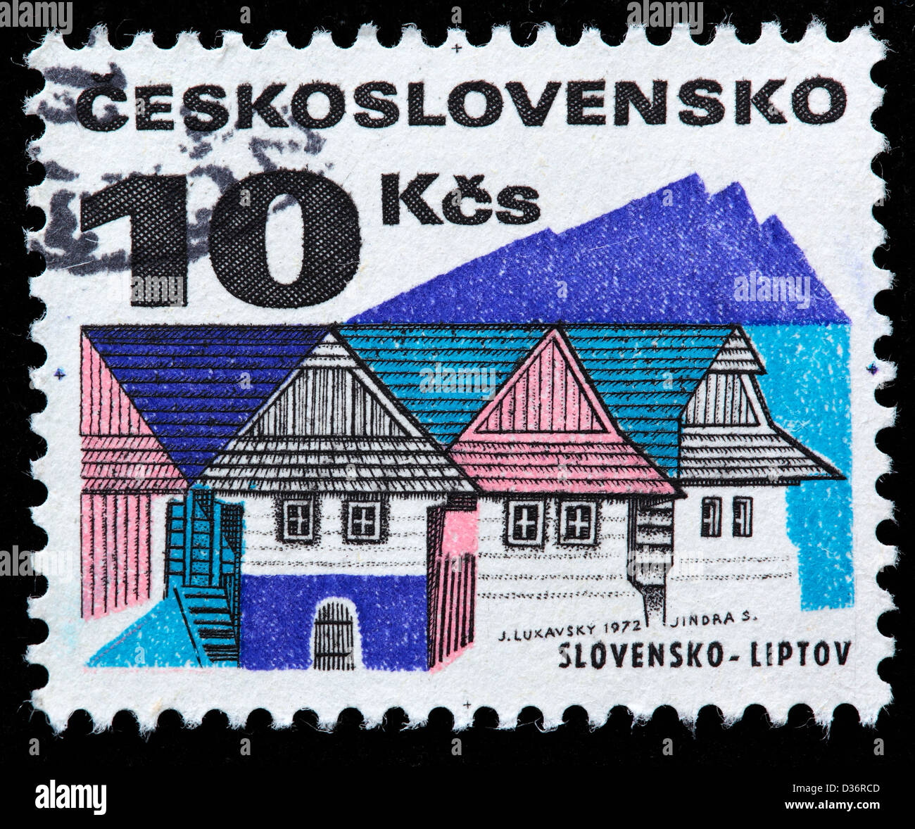 Casas viejas, Liptov, sello, Checoslovaquia, 1972 Foto de stock
