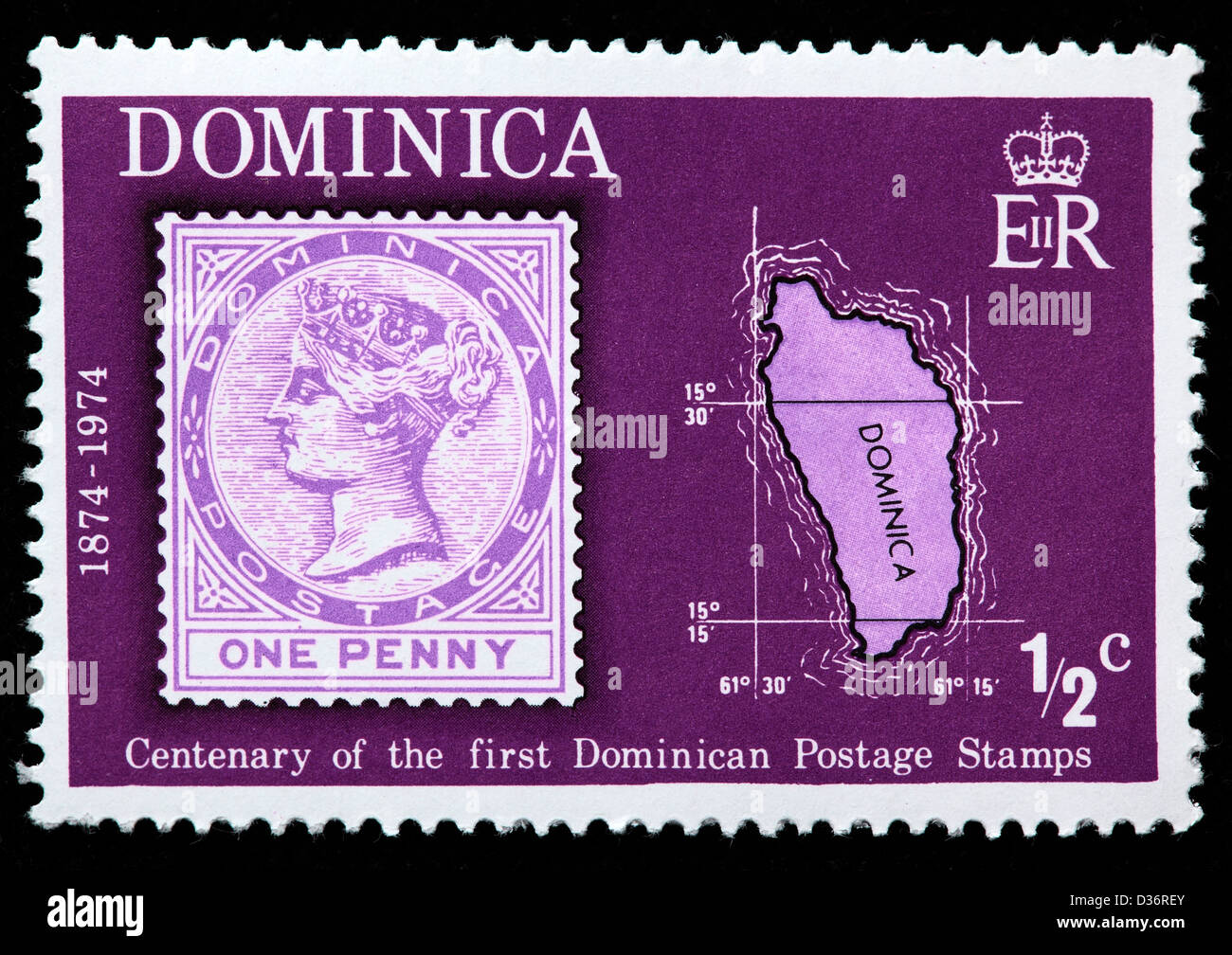 Mapa de Dominica, sello, Dominica, 1974 Fotografía de stock Alamy