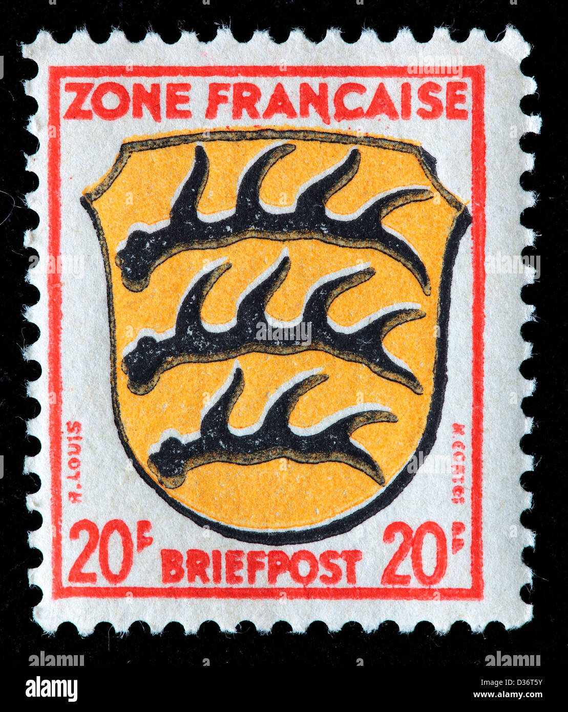 Zona de ocupación francesa, brazos de Renania-Palatinado, sello, Francia, 1945 Foto de stock
