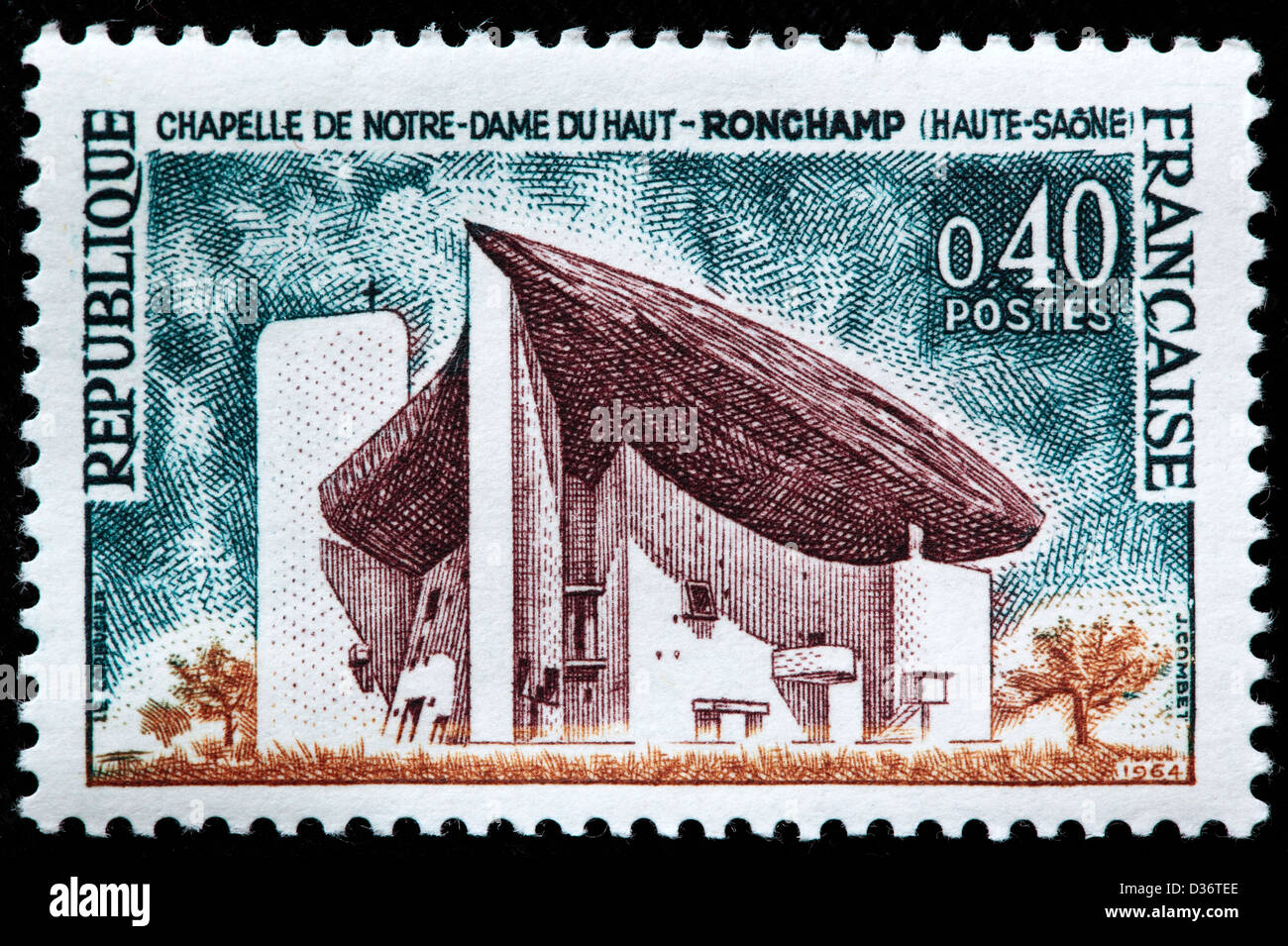 Capilla de Notre Dame du Haut de Ronchamp, sello, Francia, 1964 Foto de stock