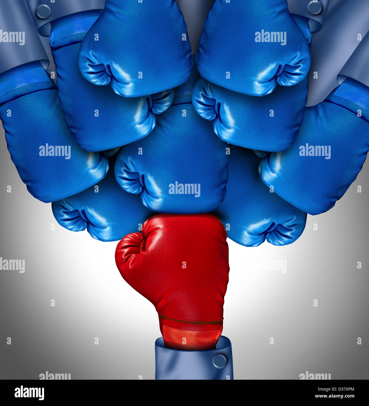 Superar la adversidad y venciendo retos como un grupo de azul Guantes boxeo estamos agrupando en un único guante Rojo como símbolo de un negocio difícil entorno de competencia, Foto de stock