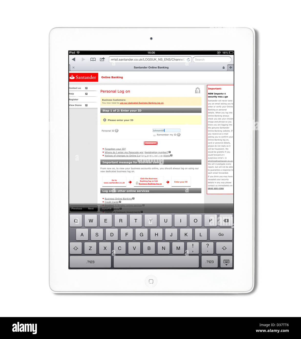 Santander banca online sobre una 4ª generación de Apple iPad tablet pc Foto de stock