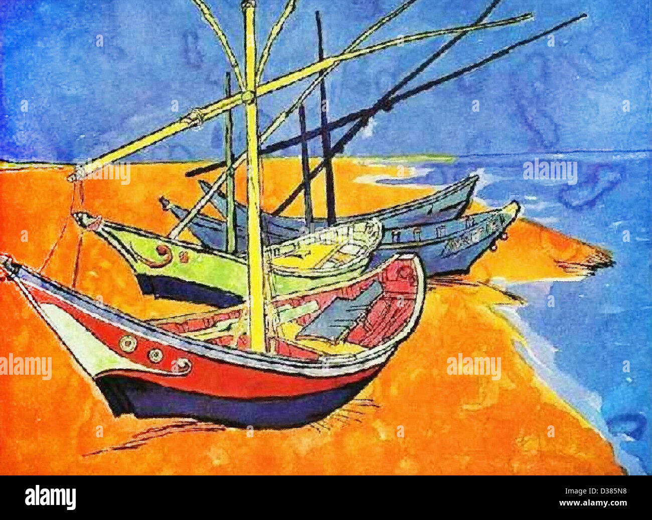 Vincent van Gogh, barcos de pesca en la playa de Saintes-Maries-de-la-Mer.  1888. Japonism. Óleo sobre lienzo. Hermitage Fotografía de stock - Alamy