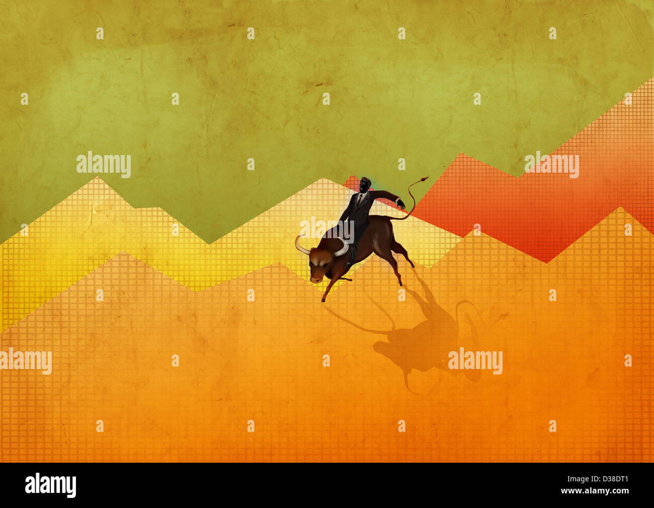 Ilustración del empresario montando toro en representación gráfica stock altibajos del mercado. Foto de stock