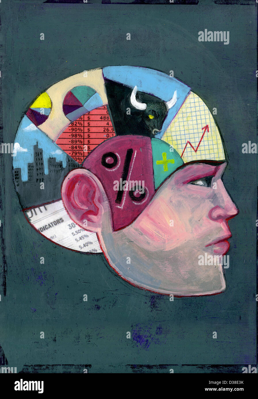 Imagen ilustrativa de hombre con mentalidad de dinero que representa el cerebro del pensamiento económico Foto de stock