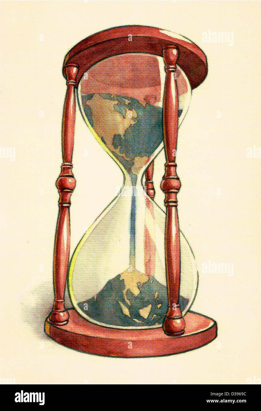 Ilustración conceptual de Globe en reloj de arena sobre fondo de color que representan los daños medioambientales Foto de stock