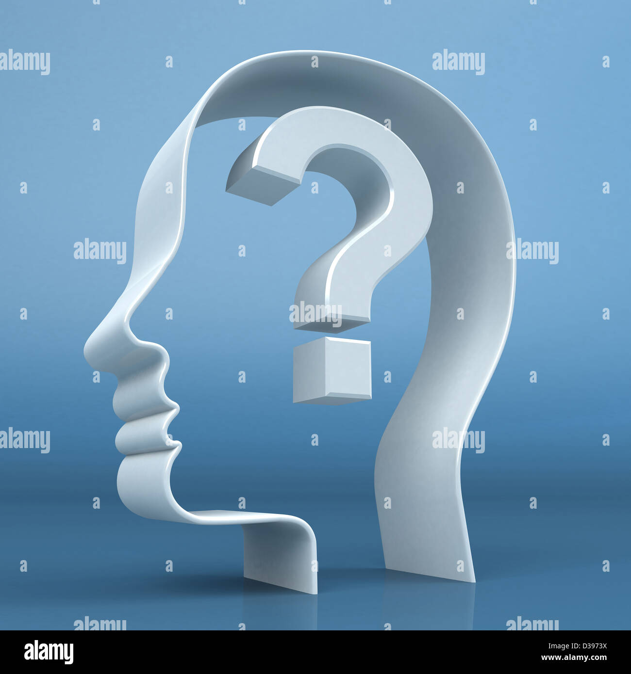 Captura conceptual de cabeza humana con el signo de interrogación representa confusión Foto de stock