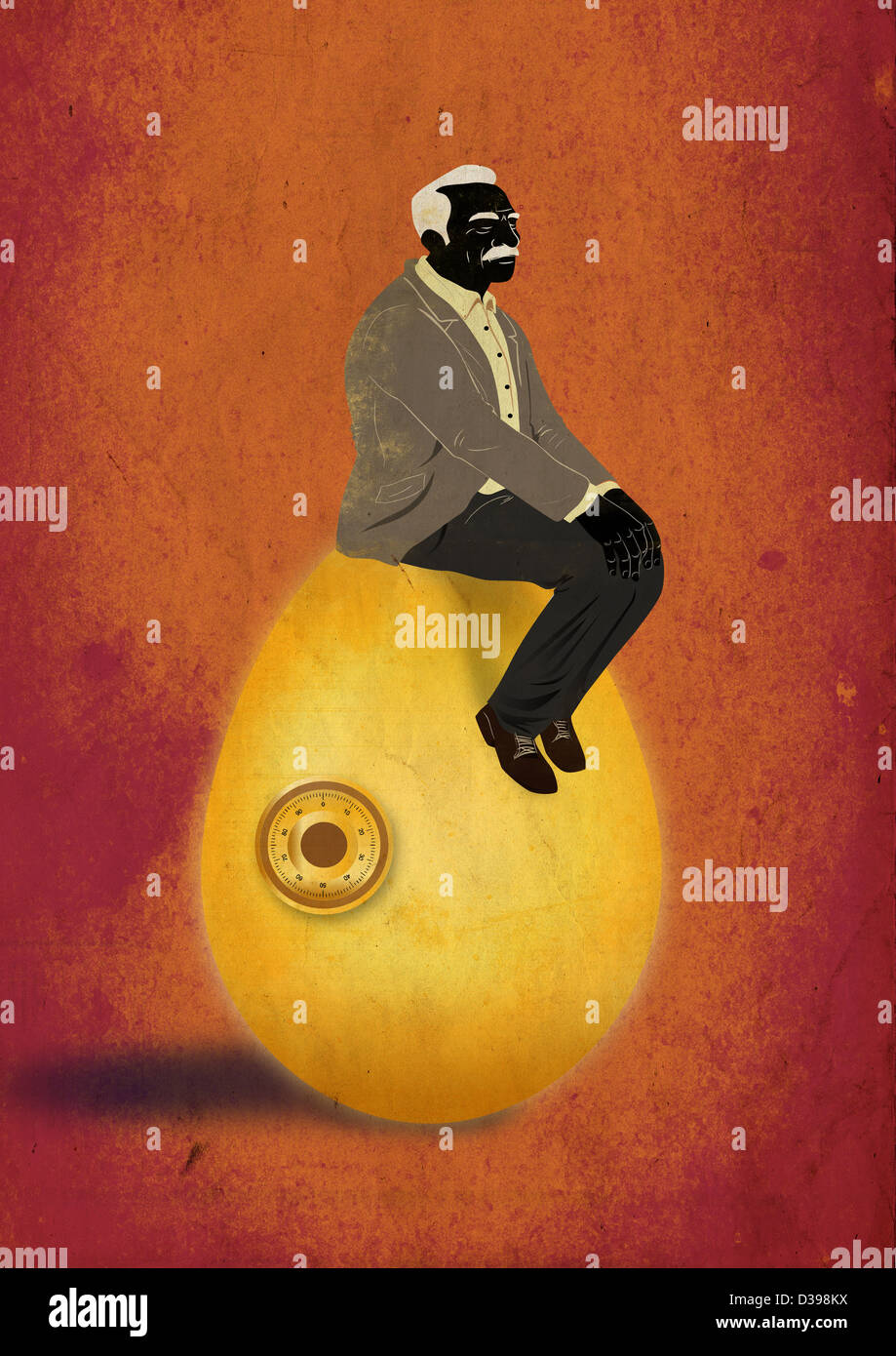 Concepto ilustrativo del anciano sentado en el huevo que representa el fondo de jubilación Foto de stock