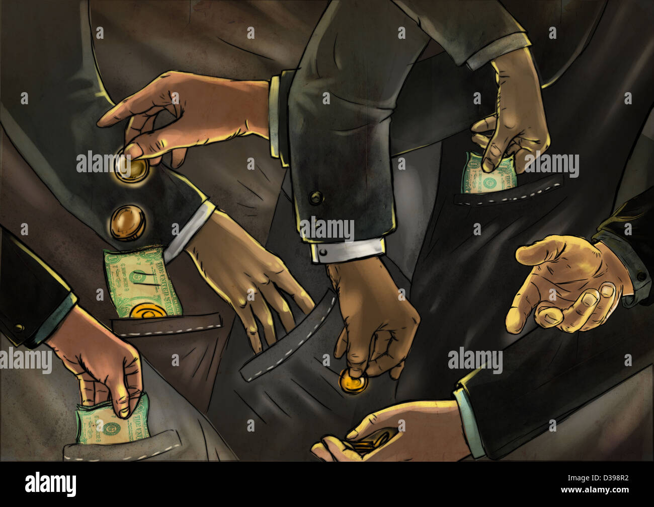 Imagen ilustrativa de gente de negocios intercambio de dinero que representa el fraude Foto de stock