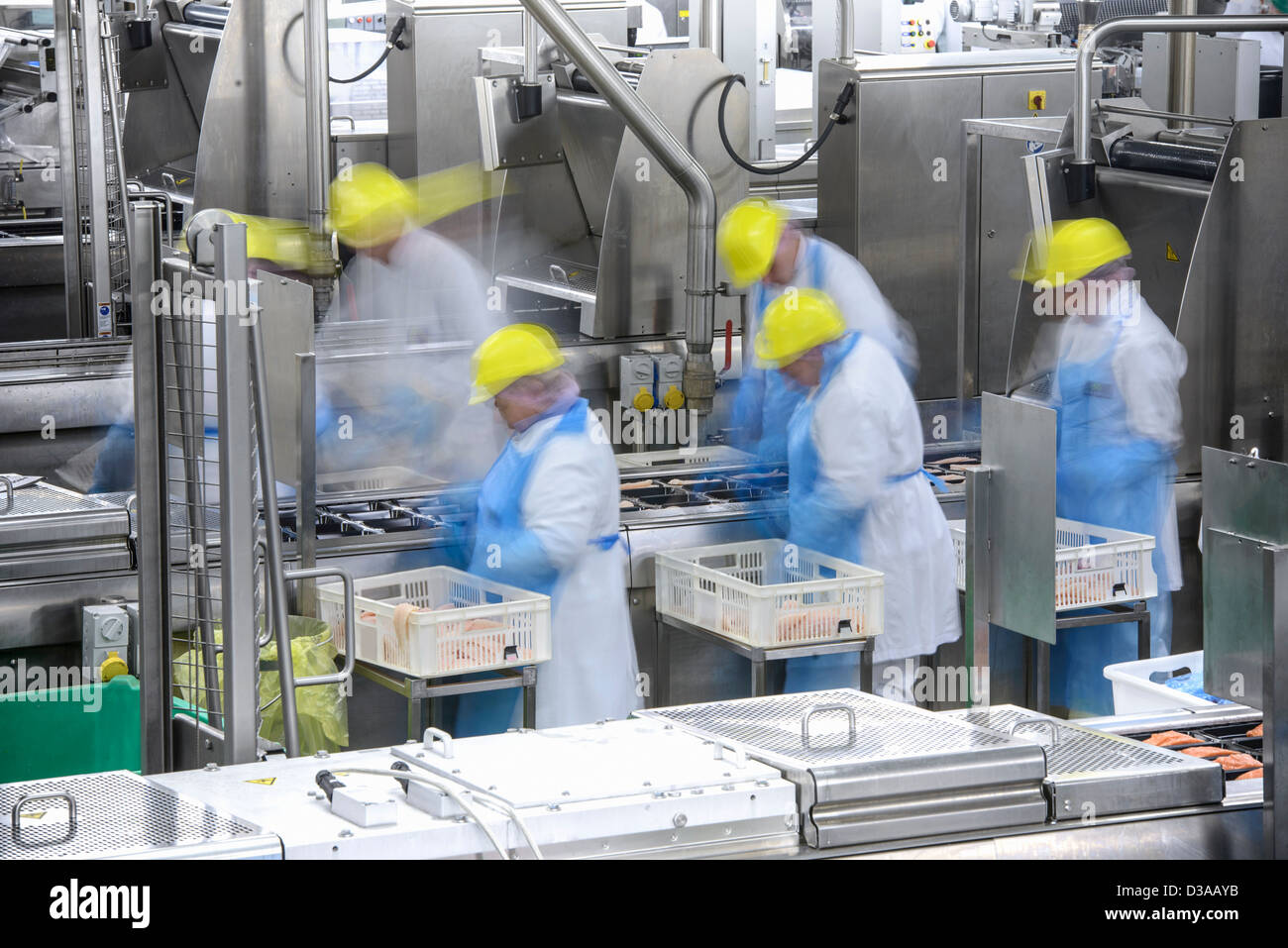 Líneas de producción de la fábrica de alimentos ajetreado movimiento borrosa Foto de stock