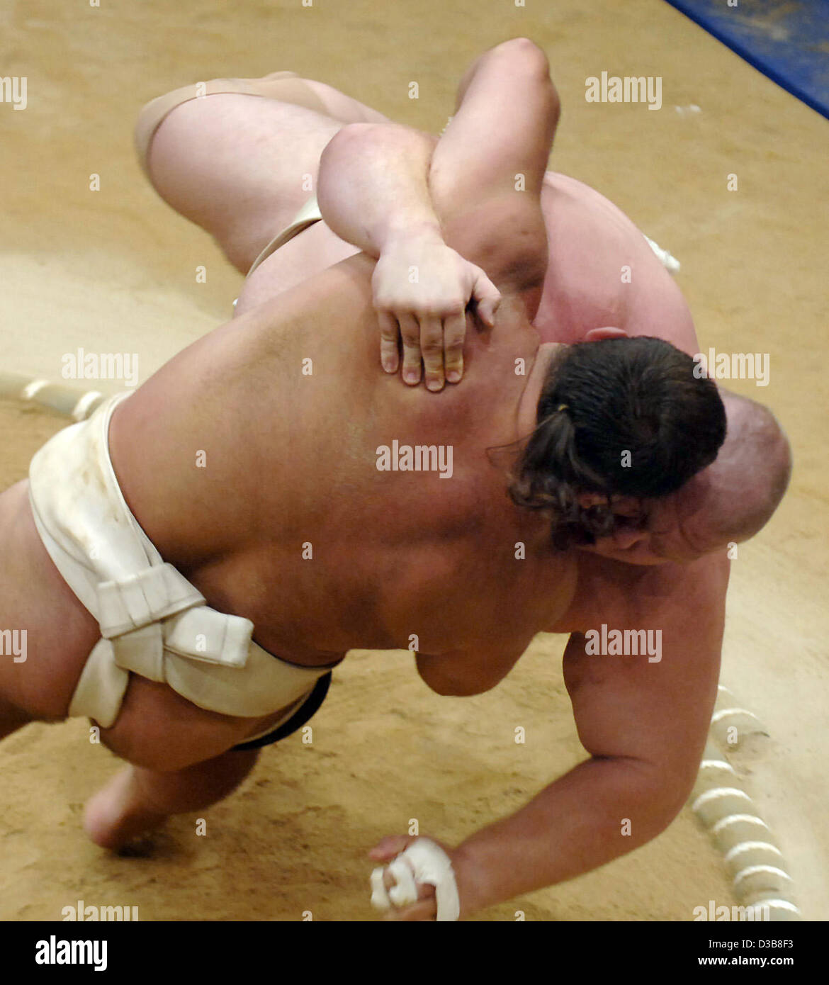 (Dpa) - el alemán Thorsten Scheibler luchador de sumo (top) obliga a su oponente polaco Robert Paczkow al suelo en los hombres de la lucha sumo peso pesado de la competición en la 7World Games en Duisburgo, Alemania, el martes 19 de julio de 2005. Paczkow ganó la medalla de bronce whrereas Scheibler terminado sólo en cuatro Foto de stock
