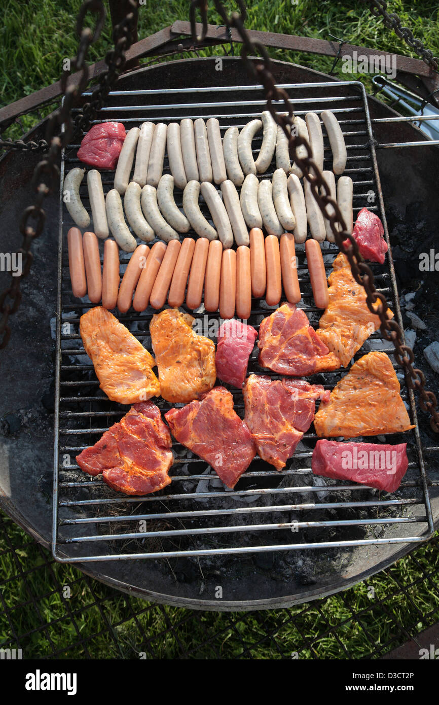 Ebbuellwarft, Alemania, carne asada acostado sobre una parrilla Fotografía  de stock - Alamy