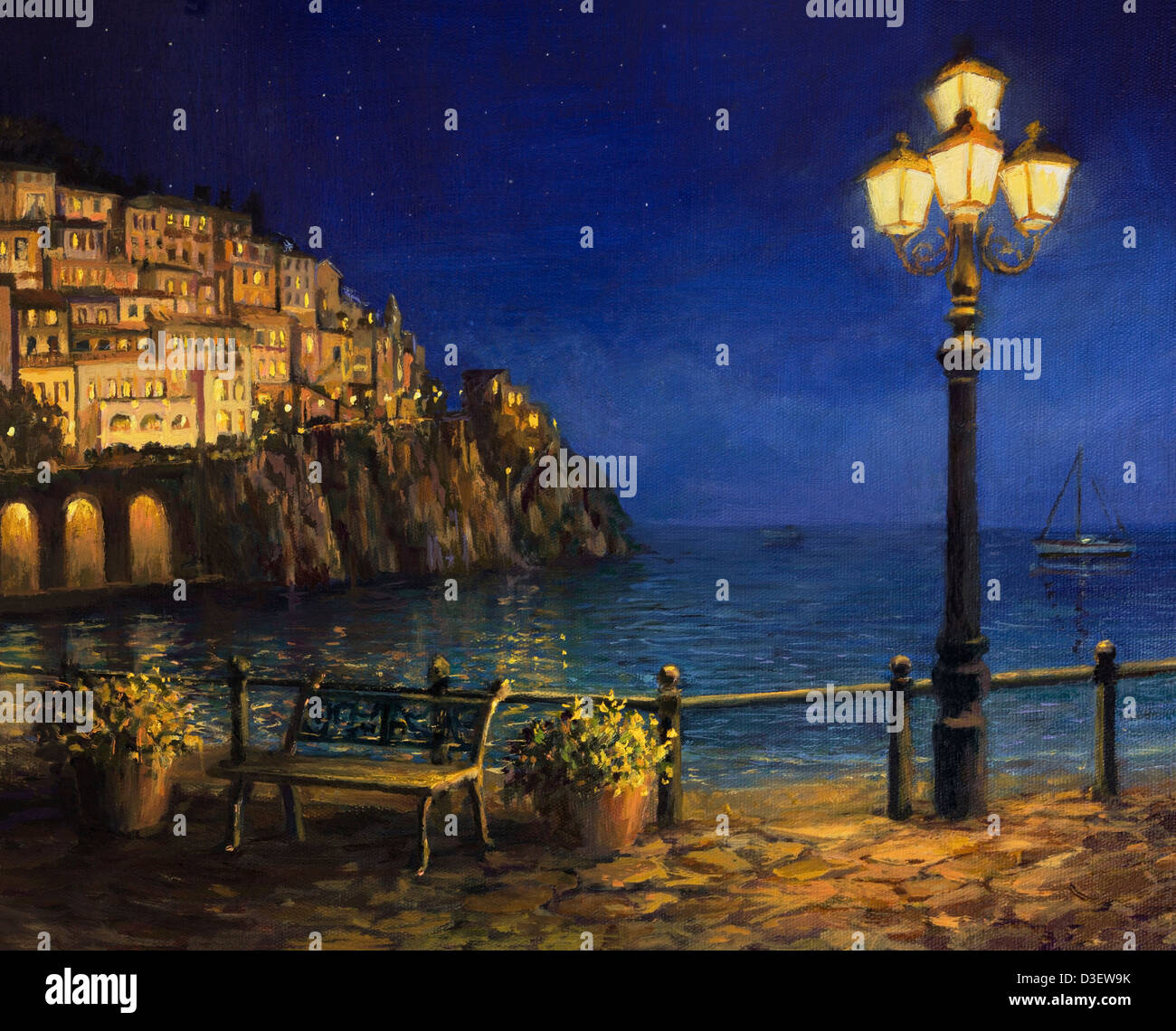Un óleo sobre lienzo, de un cielo estrellado de la noche romántica en la costa de Amalfi en Italia. La tranquila noche de verano escena. Foto de stock