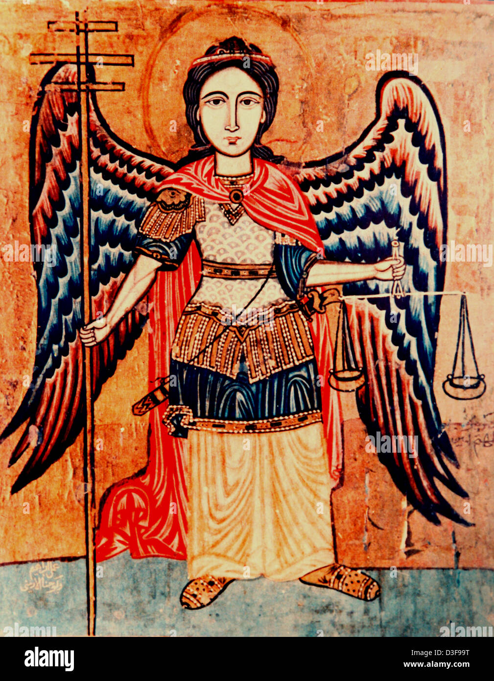 Arte cristiano copta que representa al Arcángel Miguel sosteniendo las escalas de la justicia Foto de stock