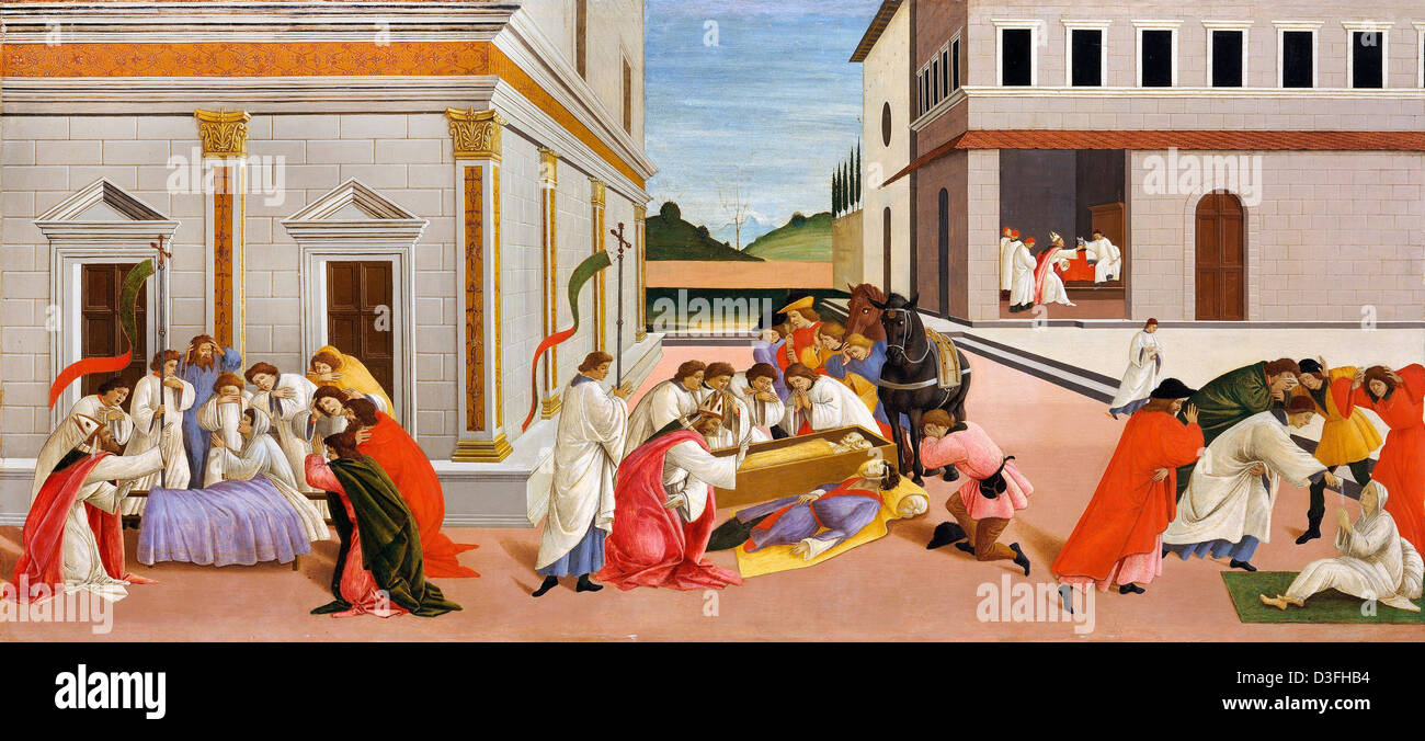 Sandro Botticelli, tres milagros de San Zenobio 1505 Témpera sobre panel. Museo Metropolitano de Arte, Nueva York Foto de stock