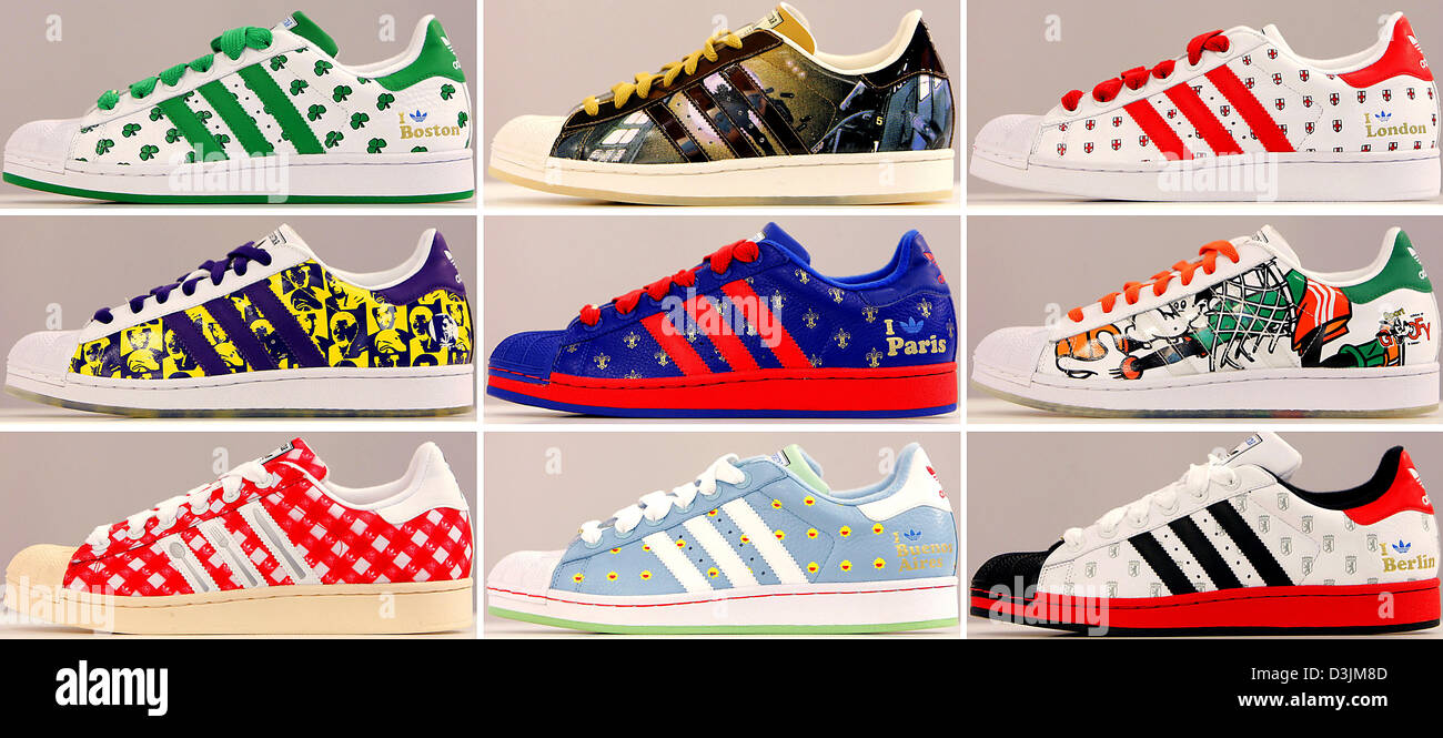 Dpa) - La imagen muestra combinada diferentes versiones de los zapatos Adidas Superstar de la edición especial de "Ciudades" en ocasión del 35º aniversario del modelo en la tienda adidas