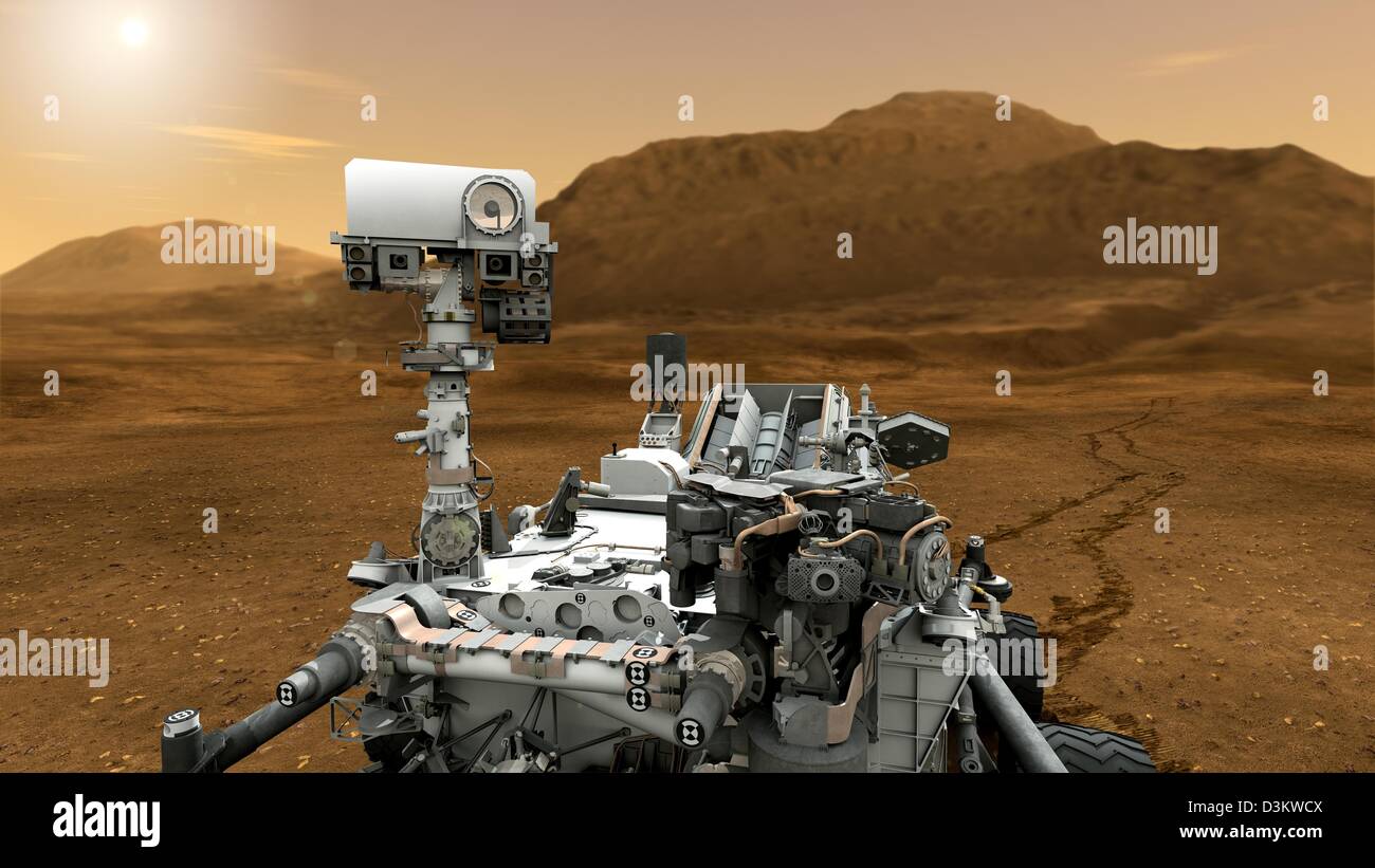 Programa - Un panfleto de la NASA foto sin fecha muestra una representación artística de la NASA del Mars Rover de la curiosidad. El rover marciano de la NASA curiosidad ha transmitido imágenes nuevas que confirme que ha obtenido la primera muestra jamás recopilada desde el interior de una roca en otro planeta. Planificado en pasos posteriores, la muestra será tamizado, y porciones de entregó a la química y la mineralogía del instrumento y el análisis de muestras en Marte el instrumento. La boca es de 1,8 pulgadas (4,5 cm) de ancho. Foto: NASA/JPL-Caltech / Programa / USO EDITORIAL SÓLO CON LA DENOMINACIÓN DE ORIGEN Foto de stock