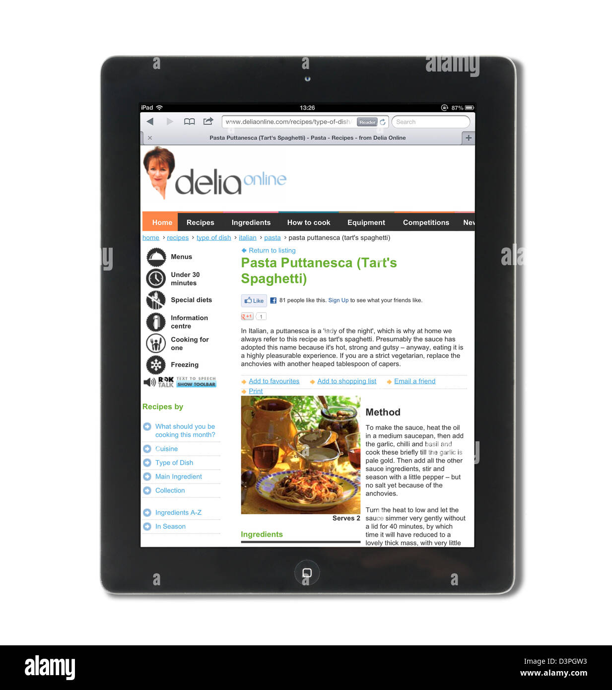 Ver Delia Smith receta en el sitio web deliaonline.com en un iPad Foto de stock