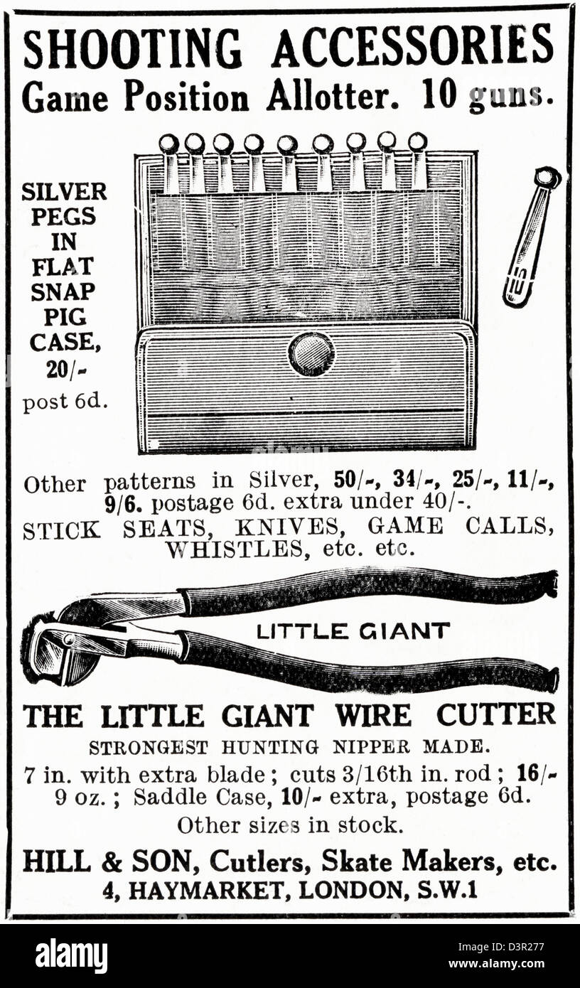 Original Vintage 1920 publicidad impresa del inglés Gentleman's publicidad accesorios de disparo por Hill & Hijo Skate creadores de Londres Fotografía de stock - Alamy