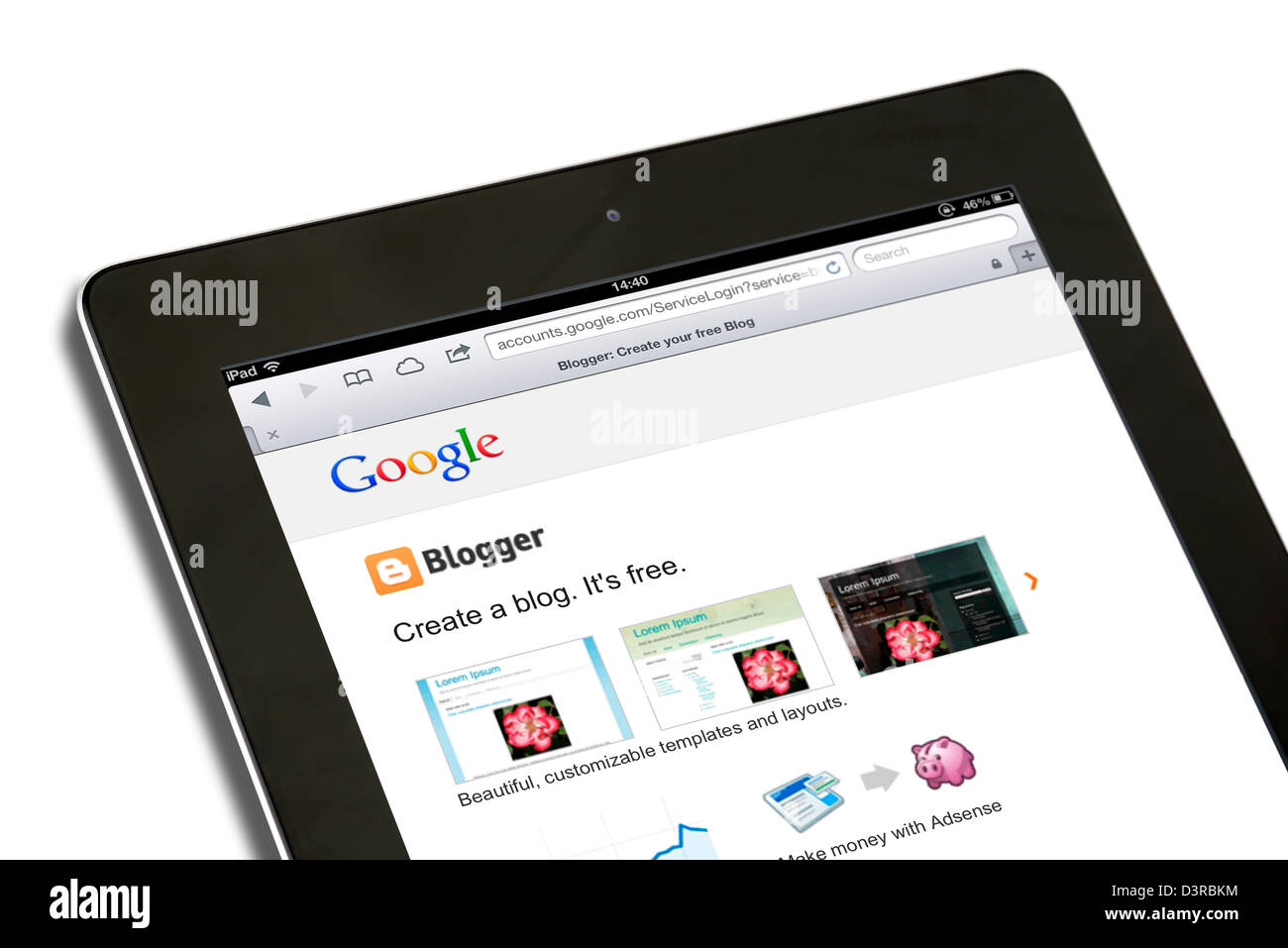 Crear un blog a través de Google del sitio de Blogger en un iPad 4ª generación Foto de stock
