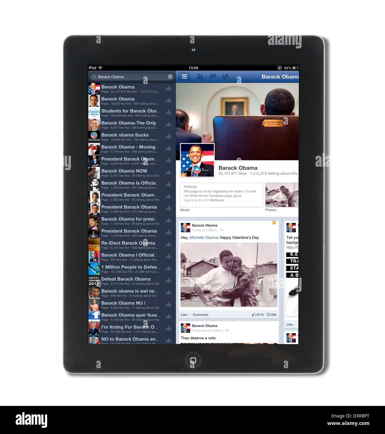 Buscar Facebook para el presidente estadounidense, Barack Obama, en una 4ª generación de Apple iPad, UK Foto de stock