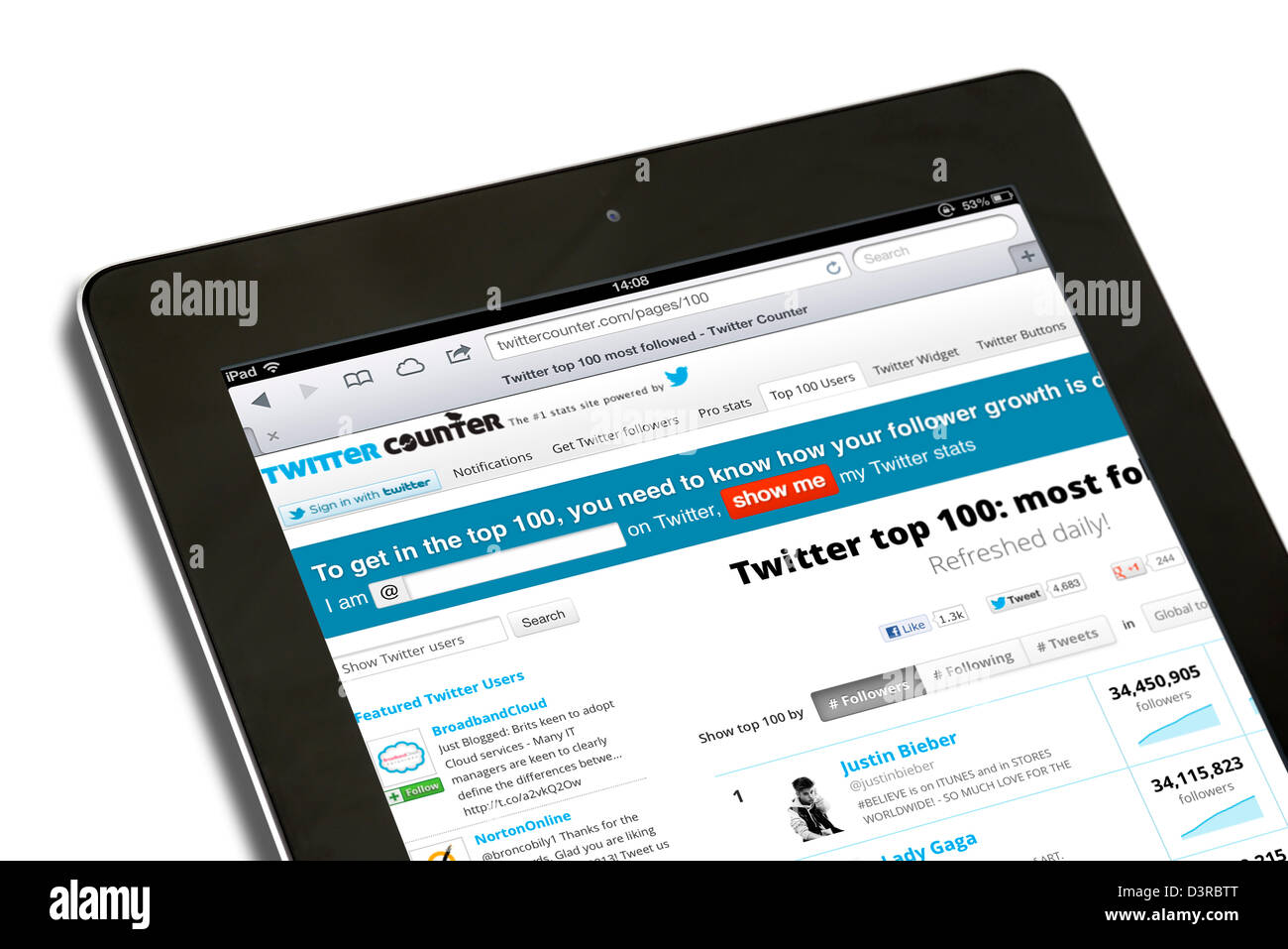 El sitio TwitterCounter, mostrando los más seguidos usuarios de Twitter, ver en un iPad 4ª generación Foto de stock