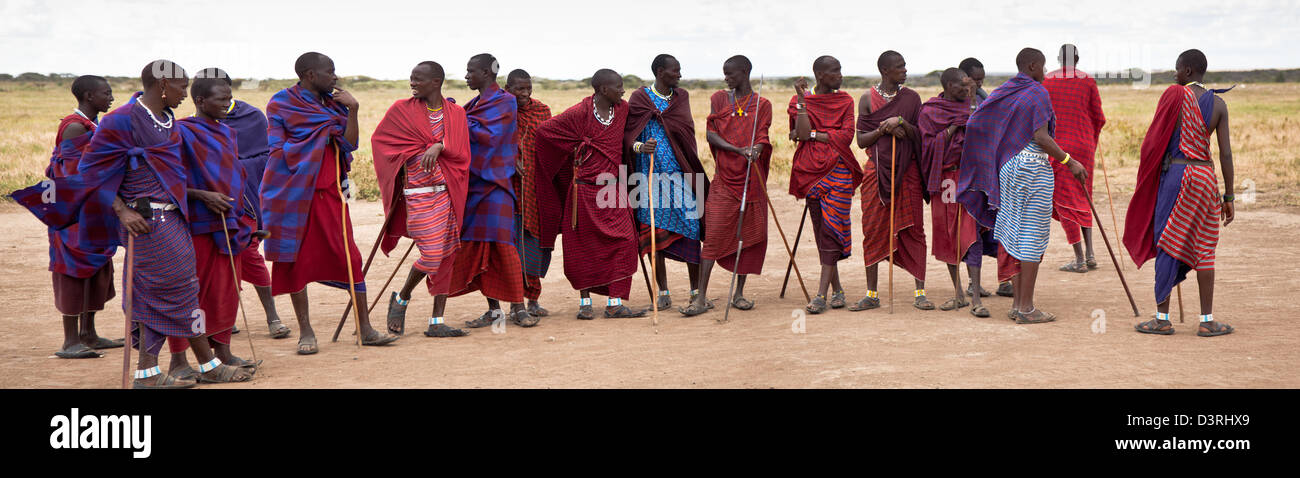Guerreros Masai y esperar su turno para bailar para el turista. Tanzania Foto de stock