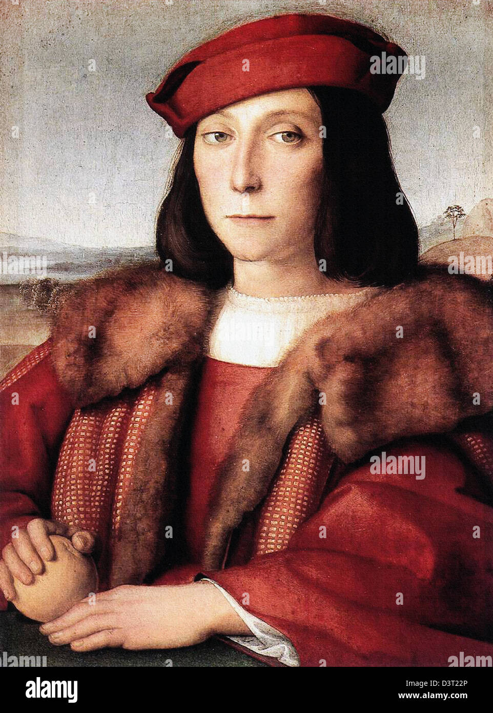 Rafael, Joven con una manzana 1505 Oleo sobre madera. Los Uffizi, Florencia. Foto de stock