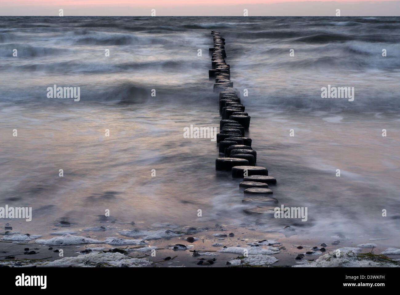 Hiddensee, Alemania, rompeolas en la playa en el monasterio Foto de stock