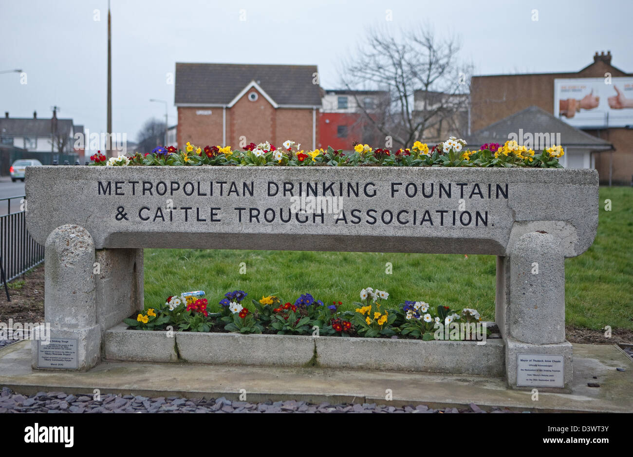 Metropolitan el fuente de agua potable y abrevadero de Ganado Asociación abrevadero en Tilbury Essex. Que ahora está lleno de flores. Foto de stock